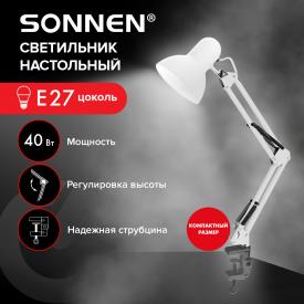 Настольная лампа-светильник TL-006, струбцина, 40 Вт, Е27, белый, высота 50 см, SONNEN (237649) ПОД ЗАКАЗ