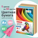 Бумага цветная, А4, 80 г/м2, 250 л., (5 цветов * 50 л.), интенсив, для офисной техники, BRAUBERG (112464)